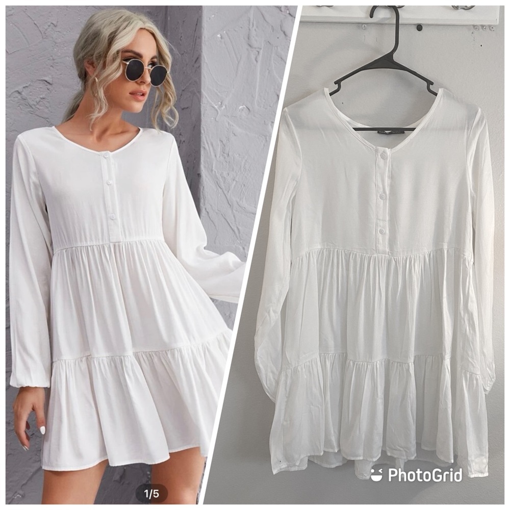 Long Sleeve White Boho Dress - Shein, cute, spring, flowy, small, causal, church